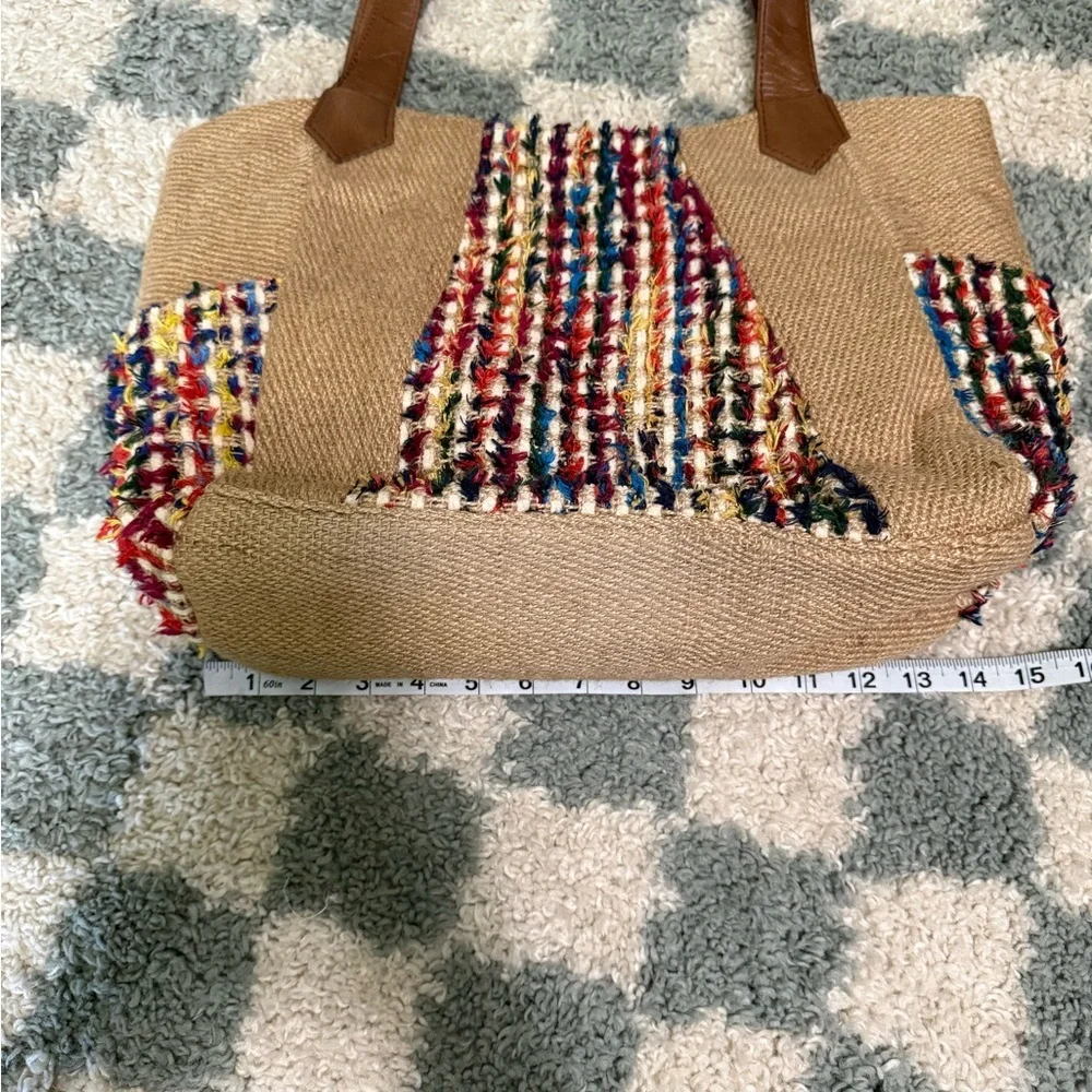 Woven Multicolor Jute Tote Bag Brown Leather Handles Summer Boho Hippie Purse
